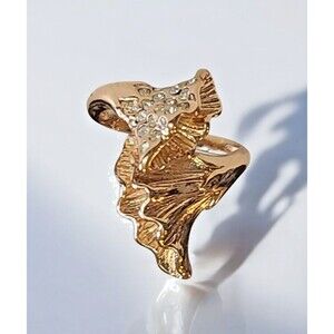 Vintage Gold Ginkgo Leaf Signed "FJ" Rhinestone Statement Cocktail Ring sz 7